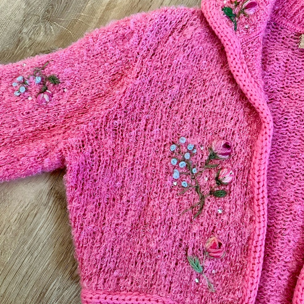 OOAK 1950's Hot Pink Floral Embroidered Boucle Cropped Cardigan